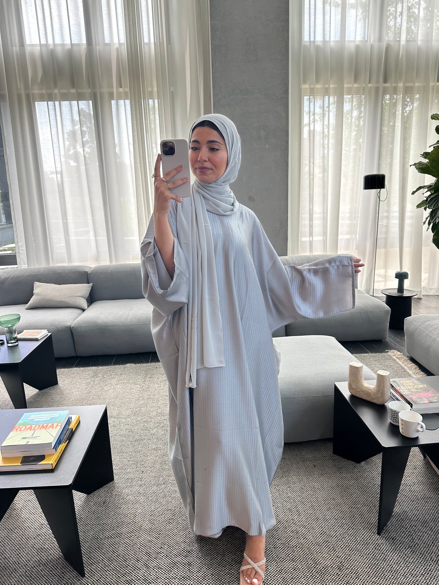 Julia grey striped closed abaya